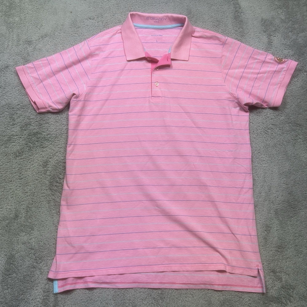 B Draddy Sage Valley Golf Club Polo Shirt Men's L Pink Blue Striped Active Pima